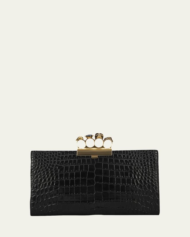 Four-Ring Stamped Crocodile Clutch Bag